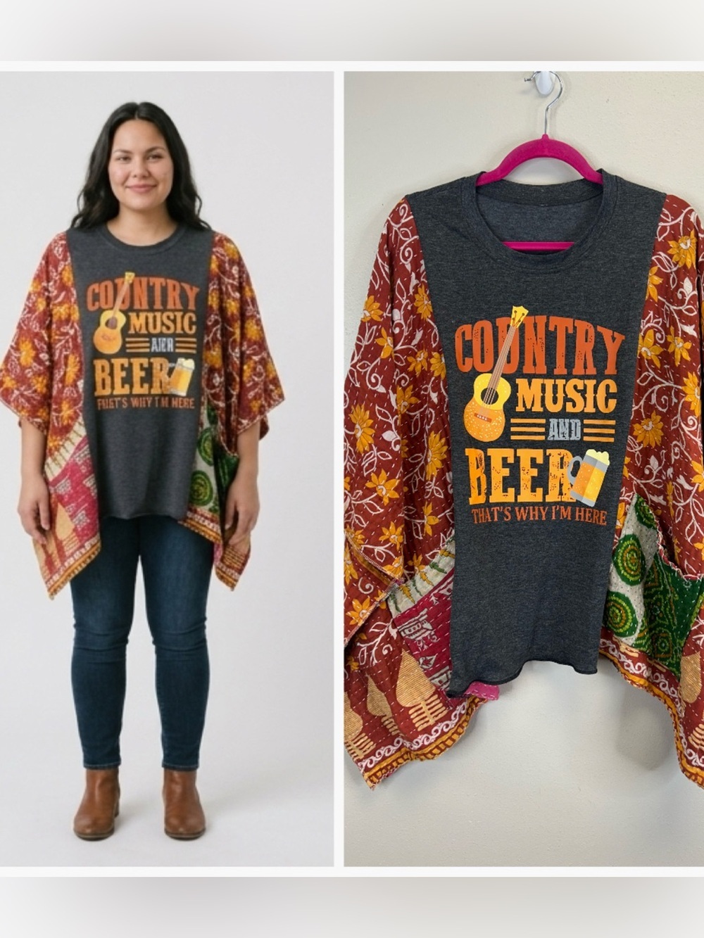 Country Music Beer Kantha Poncho 3/4 Sleeve Pockets Festival Boho Camping Party